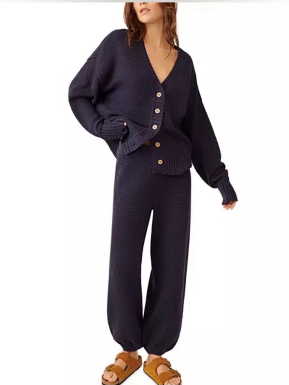 Free People Dark Navy Knit Track Pants & Cardigan Duo